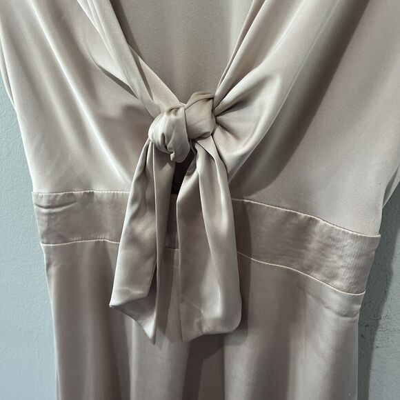 Baltic Born Poppy Satin Midi Dress XS Knot Front Flutter Sleeve Champagne Tie - Picture 4 of 11